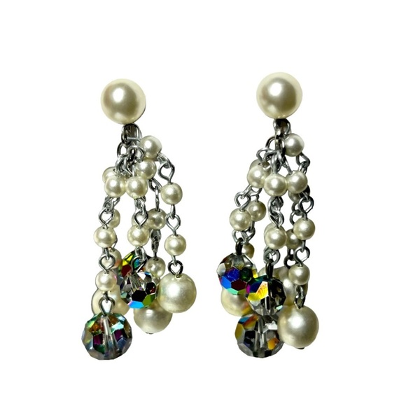 VTG 60's Aurora Borealis Pearl Tassel Matinee Necklace & Earrings Set - Picture 2 of 10